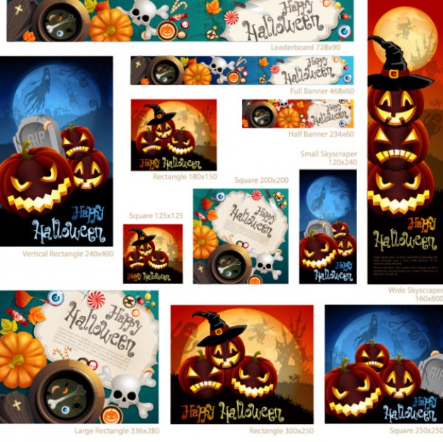 halloween web banners set with happy pumpkins background