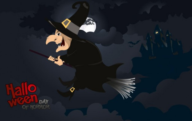 halloween witch flying over cloudy night sky background