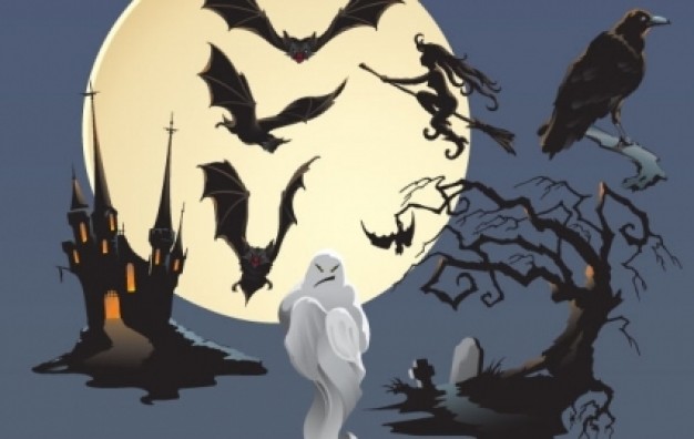 haloween scene with bat castle monster moon night background