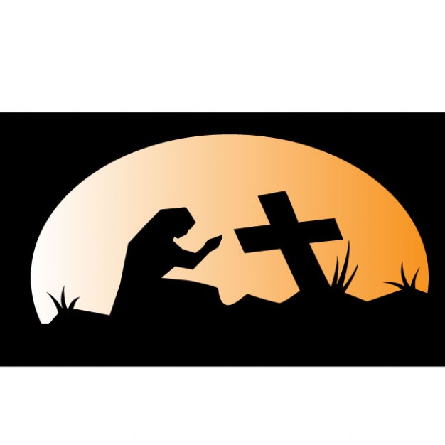 pray in the graveyard illustration with orange moon background
