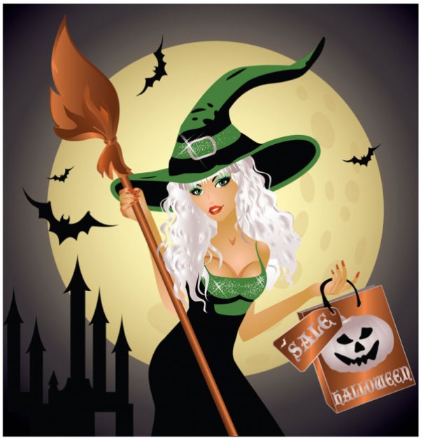 pretty witch carrying a bag and broom over castle moon background