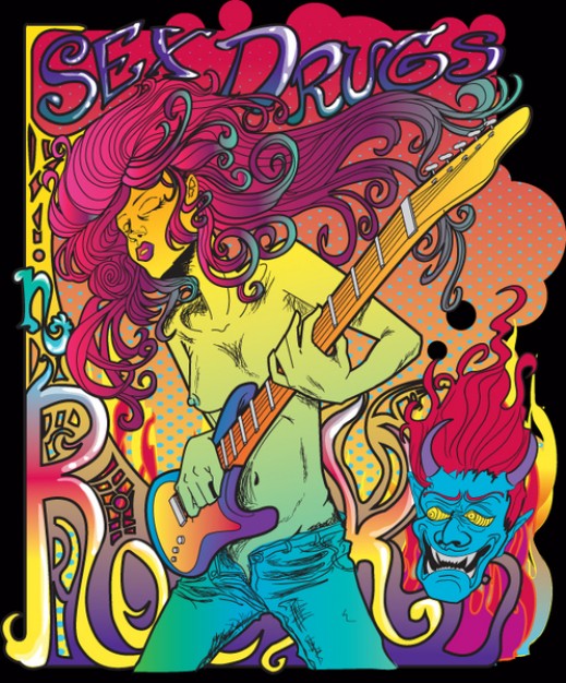 psychedelic rock star poster with guitar dark background about music