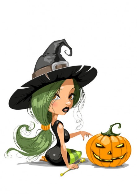 pumpkin and pretty witch sitting and looking back next to a halloween pumpkin