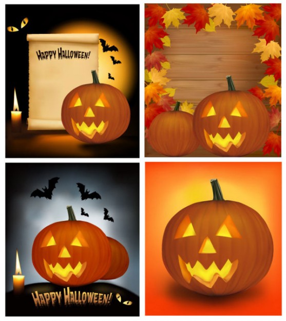 pumpkin heads with orange light in different halloween backgrounds