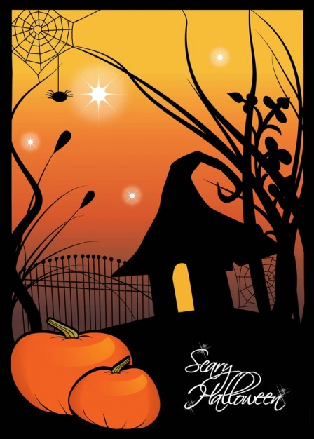 pumpkins and a silhouette scene of halloween with orange light background