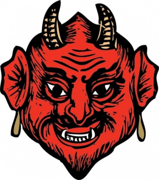 red devil head front view clip art with horn and long teeth