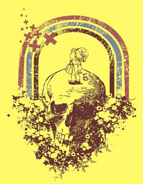 Retro vintage skull design with rainbow and yellow background