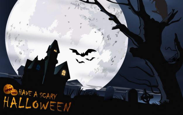 scary halloween with full moon and castle dead tree bat background