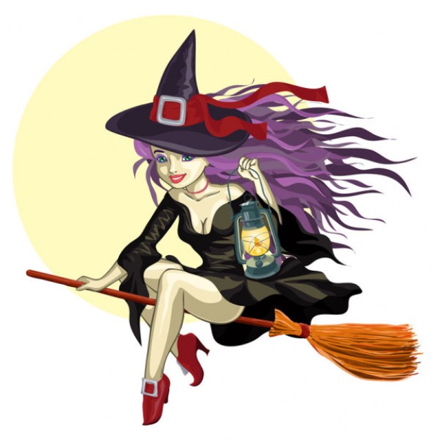 sexy cartoon witch with broom flying over yellow moon background