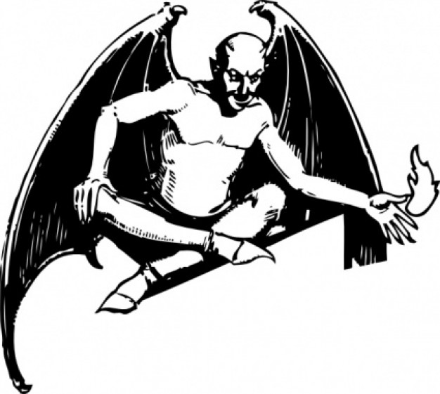 sitting devil with bat wings clip art in black and white