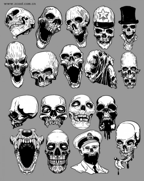 skull set of the trend of material in black and white