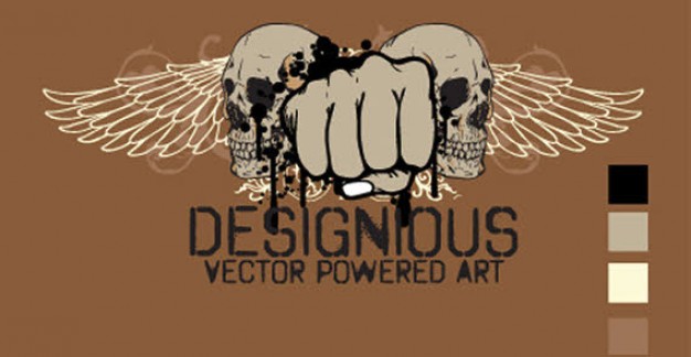 skull wings and fists with brown background for t-shirt design