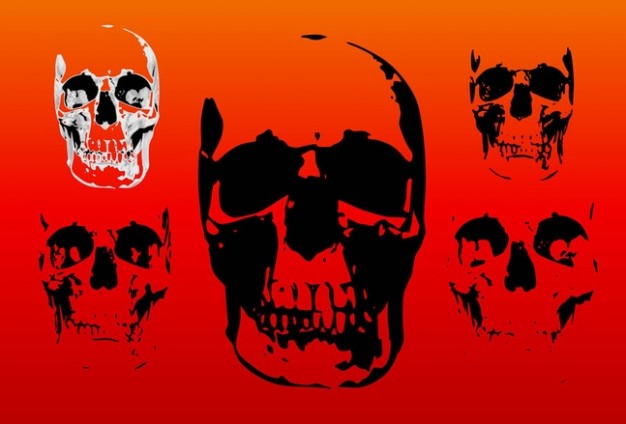 skulls in black and white on red background