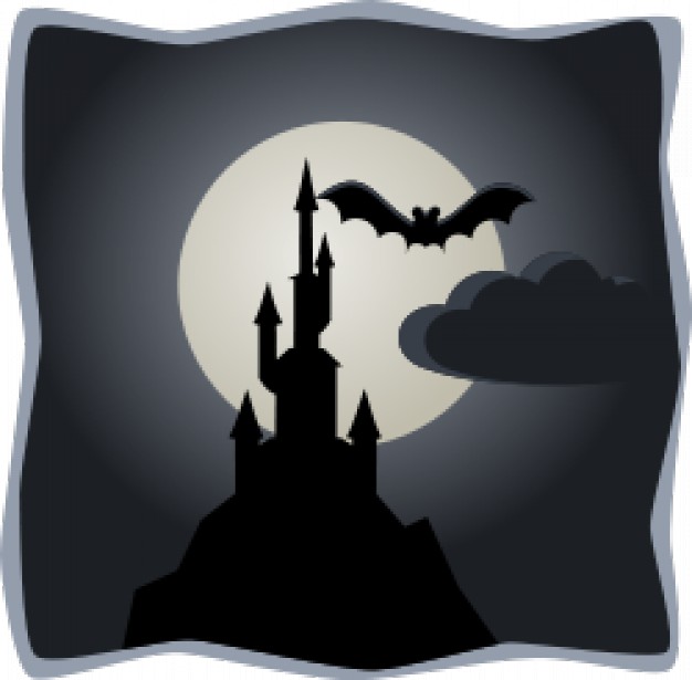 spooky bat flying over castle in full moon