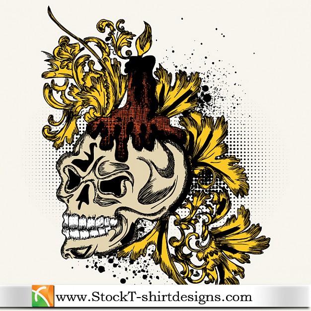 t-shirt design with golden floral skull and candle