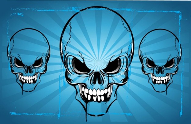 three horror skulls art with blue radiant background