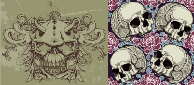 trend skull theme material with pink rose background