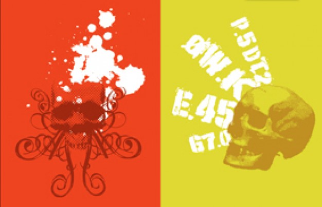 two style skulls with red and yellow background