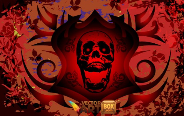 vectors grunge skull in middle with red floral background