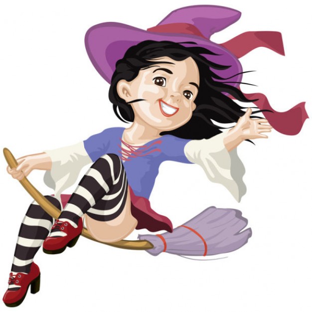 witch girl flying on a broom with purple dress