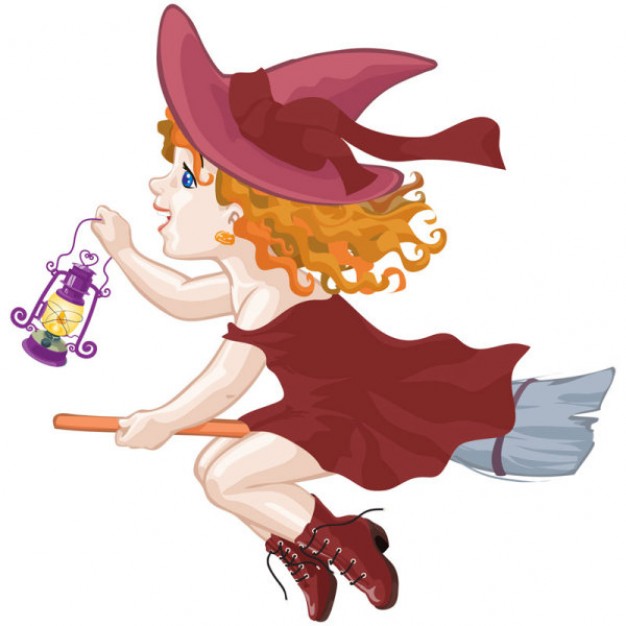 witch hanging with oil lamp flying on a broom with red dress