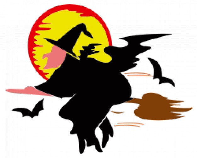 witch over harvest moon with moon and bats background