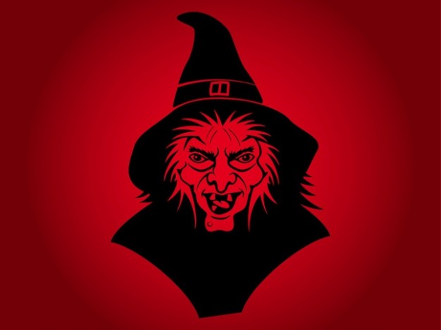 Witchcraft ugly Wicca face witch with black hat and red background about Holland New Forest